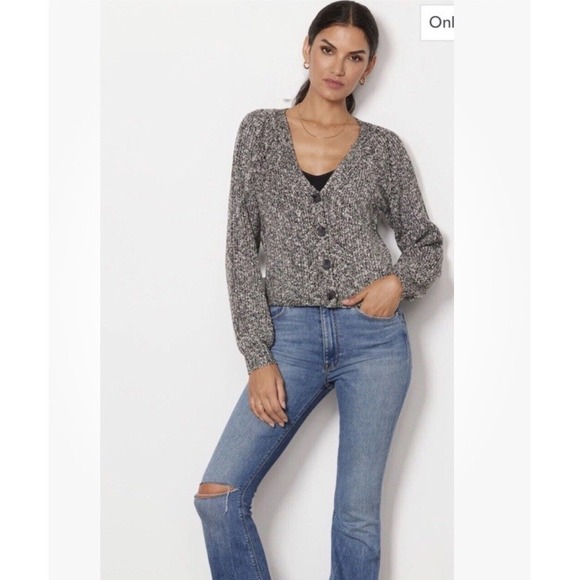 Evereve Women M BlackWhite Marled Chunky Knit Button Front Cardigan Sweater Cozy - Picture 2 of 13